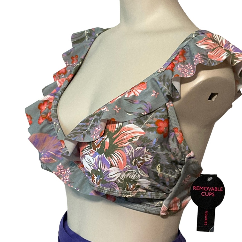 NOBO sz XL Jrs  Bikini Top Ruffles Deep V Cut Flowers Adjustable Gray Orange +